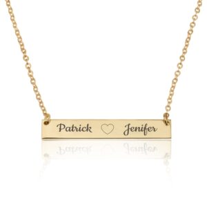 Bar Necklace With Engraved Heart And Names - Beleco Jewelry