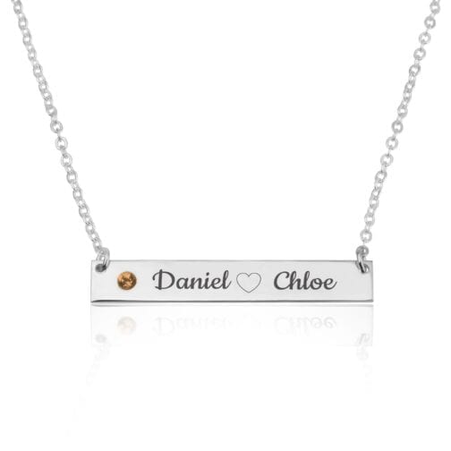 Bar Necklace With Engraved Heart, Names And Birthstone - Beleco Jewelry